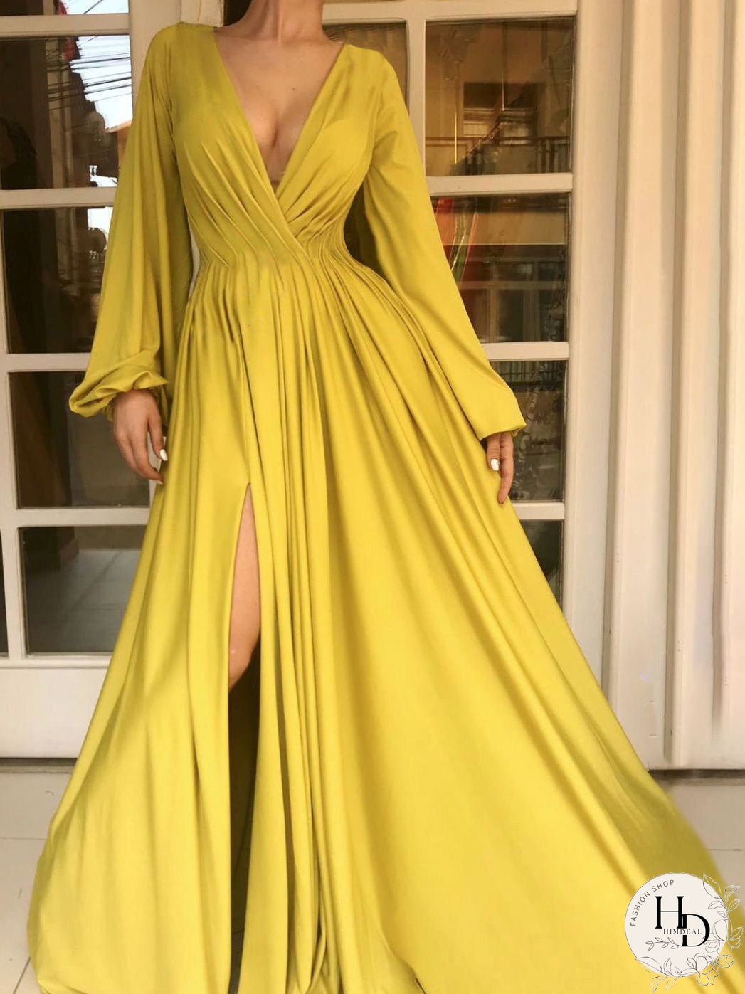 Dresses Solid V-Neck Long Sleeve Slit Dress for Women