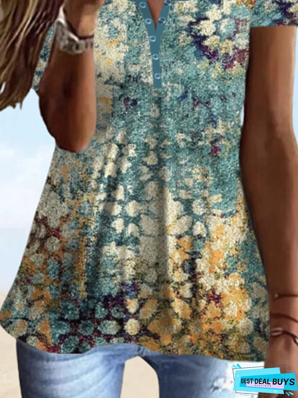 Women's Daily Holiday Weekend Floral Camis Floral Abstract Ethnic Short Sleeve Button Print V and round Crew Neck Casual Streetwear Top Tunic T-Shirt