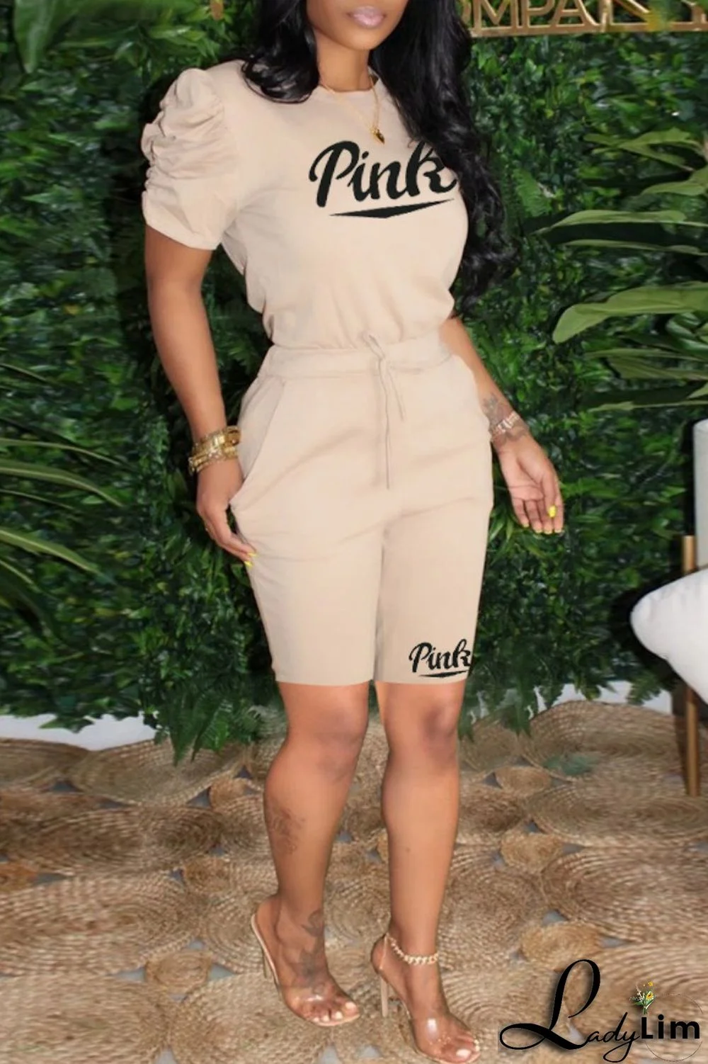 Grey Casual Letter Print Basic O Neck Short Sleeve Two Pieces