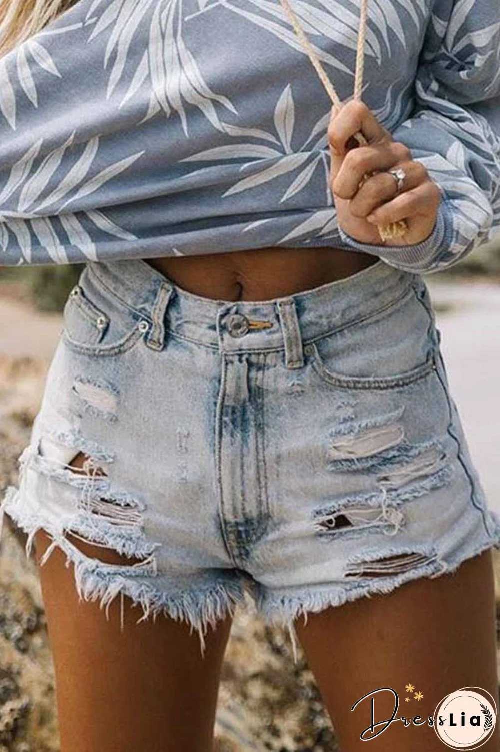 High Waist Ripped Fringed Denim Shorts