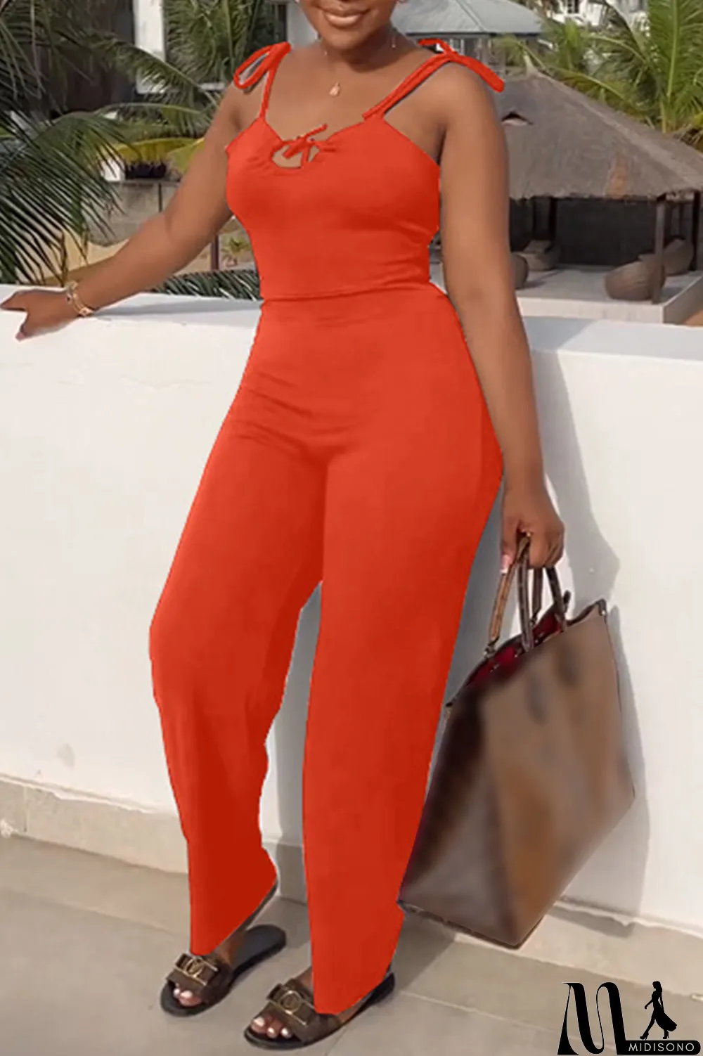 MidiSono - Tangerine Red Sexy Casual Solid Bandage Backless Spaghetti Strap Regular Jumpsuits
