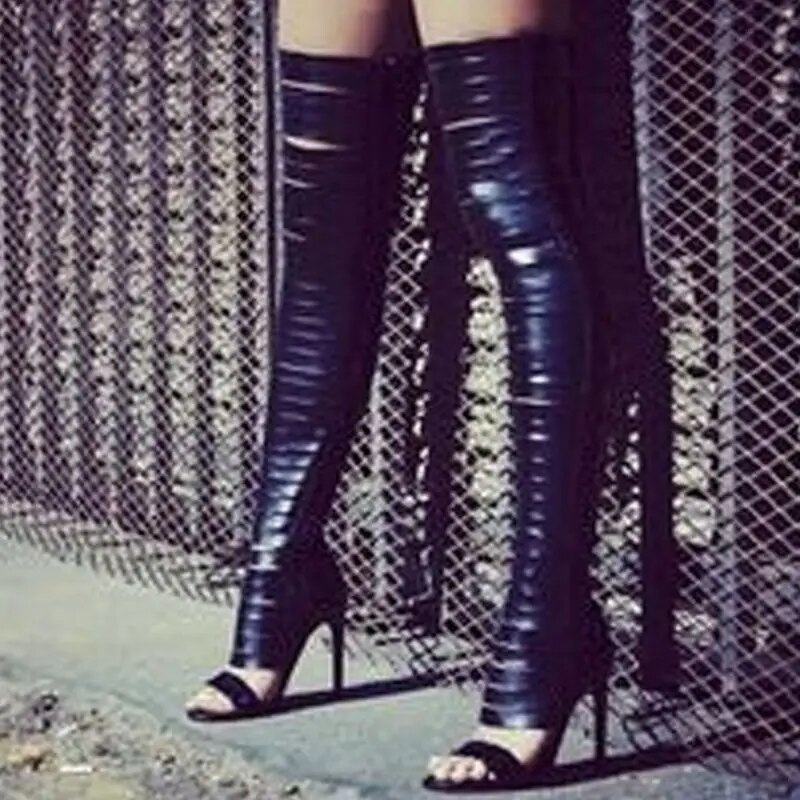 VCSHOES Gold High Heel Long Boots Strap Band Open Toe Women Boots Zipper Over The Knee Thin High Heel Shoes