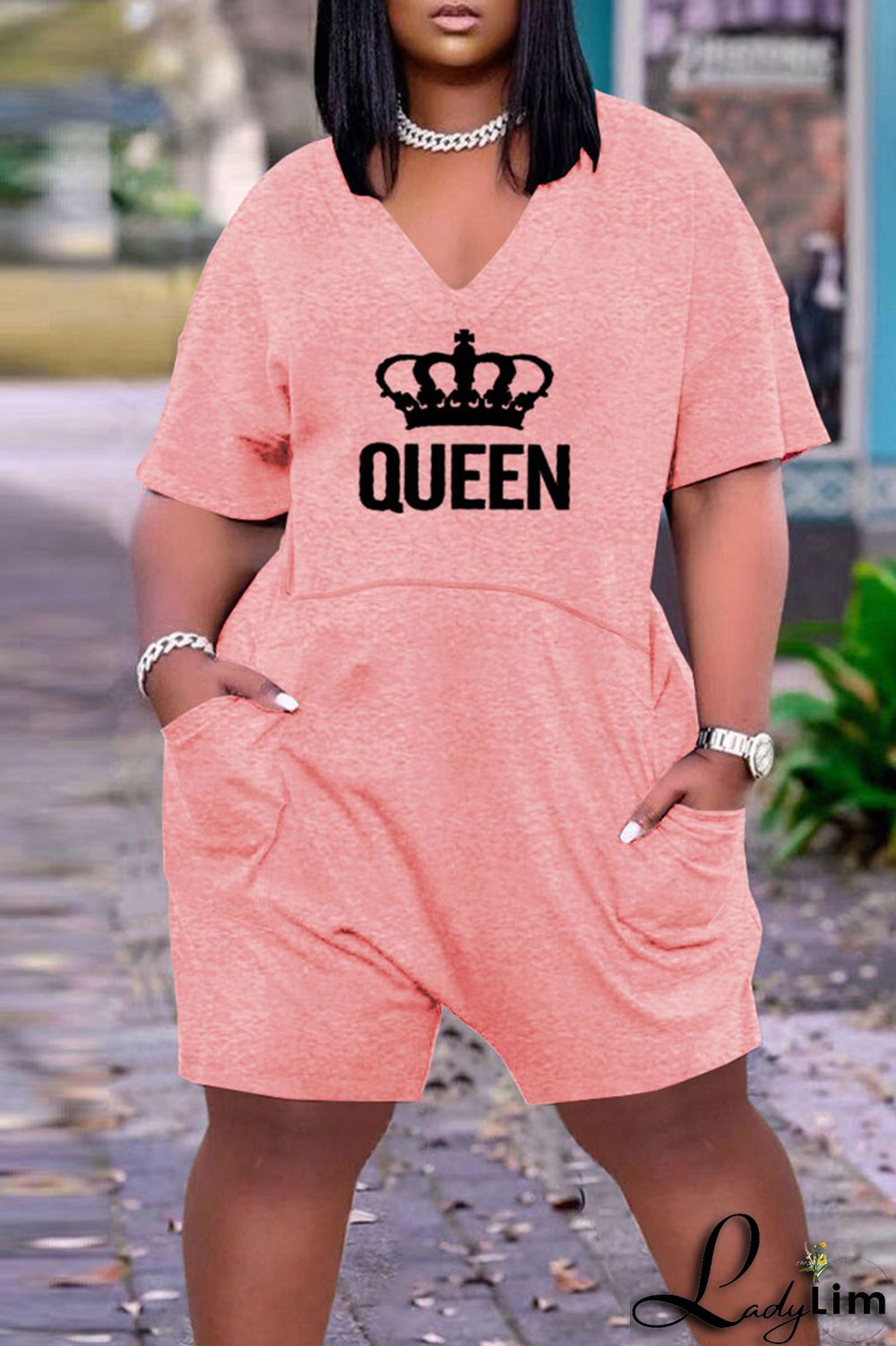 Light Gray Casual Print Split Joint Pocket V Neck Loose Jumpsuits