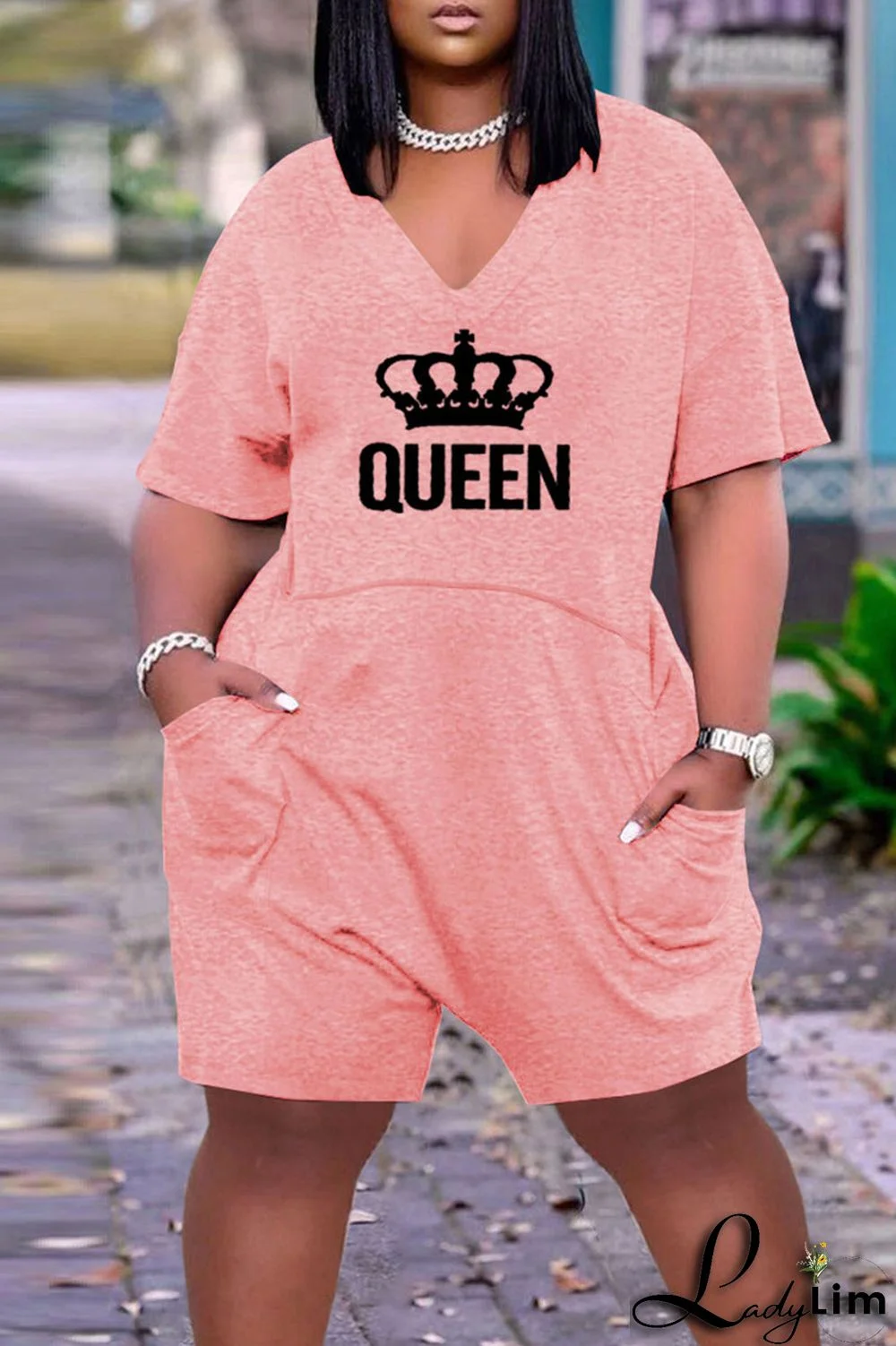 Light Gray Casual Print Split Joint Pocket V Neck Loose Jumpsuits