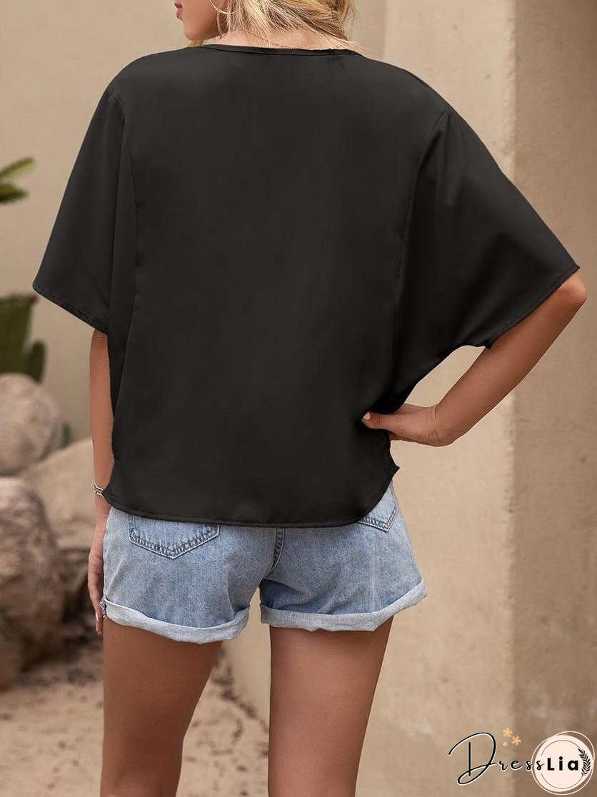 Pleated Drape Solid Color V-neck Short Sleeve Loose Blouses