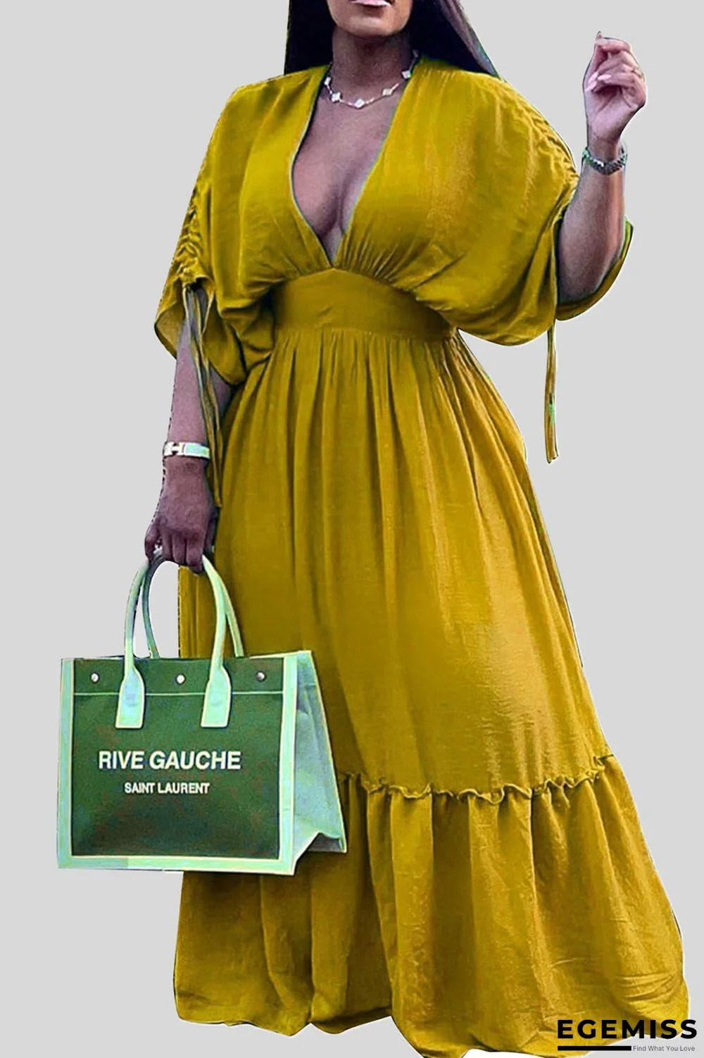 Yellow Casual Solid Patchwork Fold V Neck A Line Dresses | EGEMISS