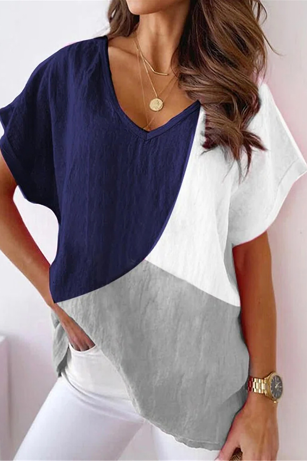 Flycurvy Plus Size Casual Blue Cotton And Linen Colorblock V Neck Blouse