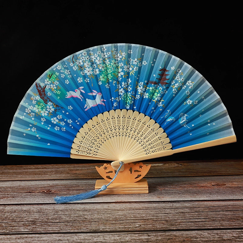 Bamboo Two Green Folding Fan Smile Fan Female Antique Fan Dance Fan Folding Fan Student Gift Elegant Fan