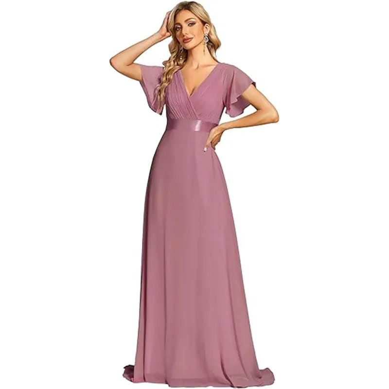 Uveng Uveng Sales Of Large Swing V-Neck Dress Chiffon Elastic Banquet Festival Annual Bridesmaid Performance Evening Dress Woman