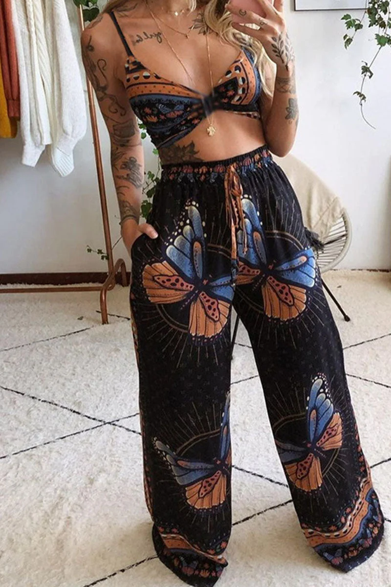 Sexy Print Split Joint Spaghetti Strap Sleeveless Two Pieces