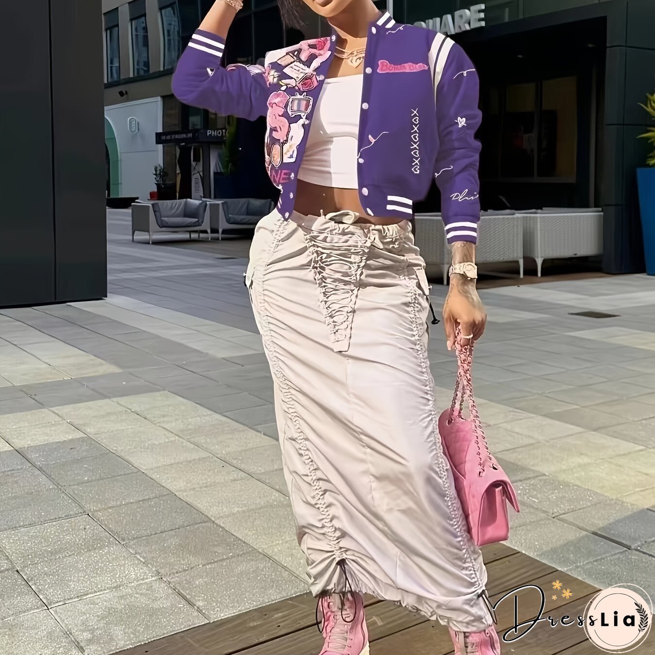 Button Front Bomber Jacket, Streetwear Long Sleeve Jacket For Fall & Winter, Women's Clothing