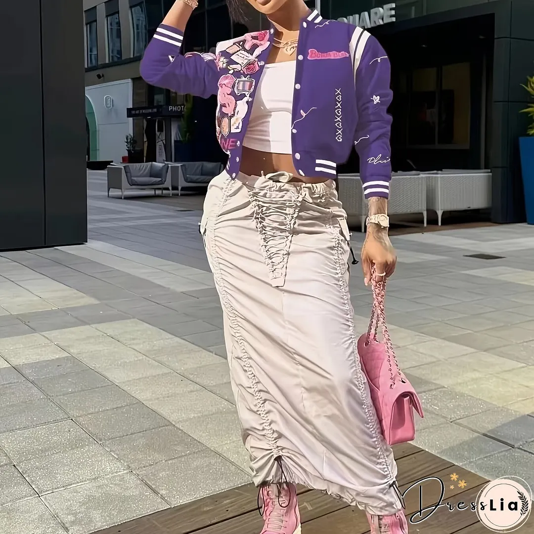 Button Front Bomber Jacket, Streetwear Long Sleeve Jacket For Fall & Winter, Women's Clothing