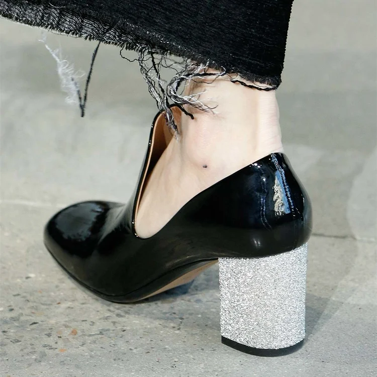 Black Patent Leather Chunky Heel Loafers Vdcoo