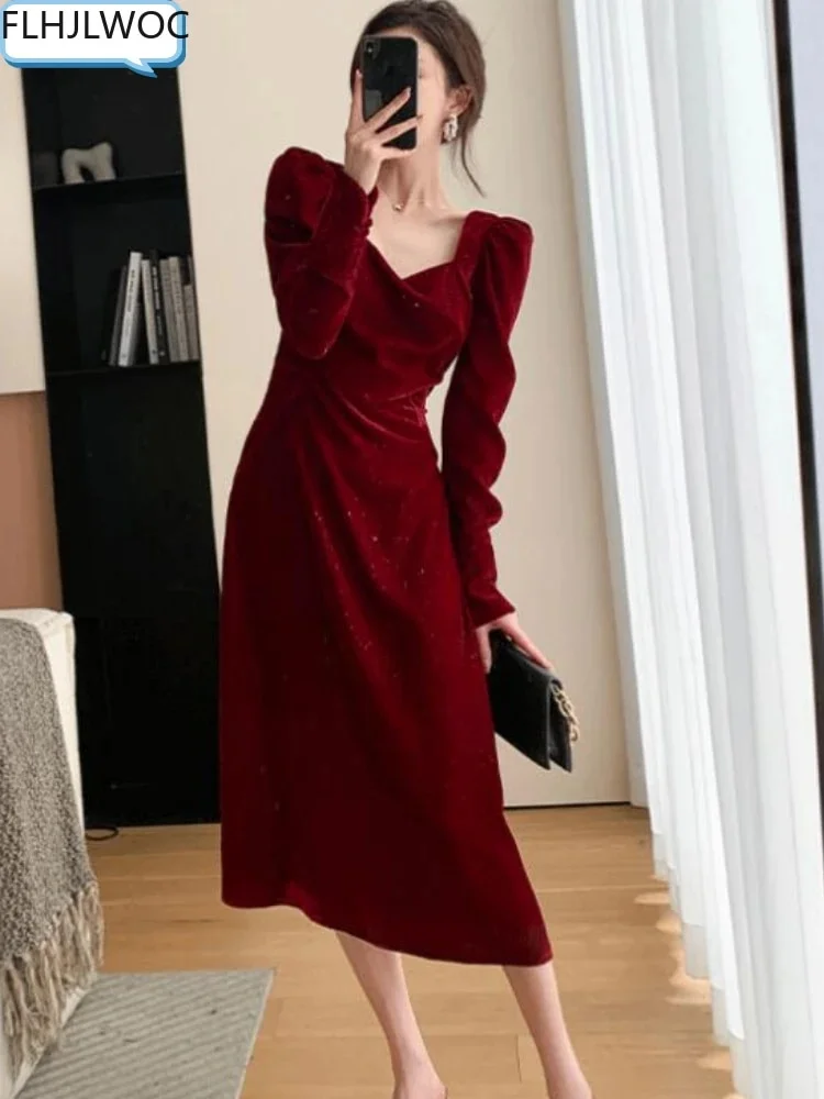 Applyw New Chic Elegant Annual Meeting Red Dress Fashion Women Fashion Solid Square Neck French DesignLong Velvet Dresses Vestidos