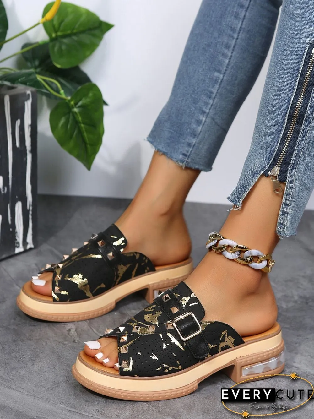 Urban Studded Snake Print Chunky Heel Slippers