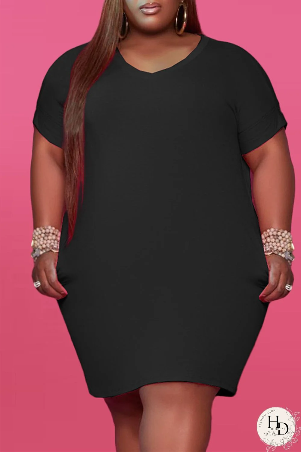 Black Fashion Casual Plus Size Solid Basic V Neck Short Sleeve Dress