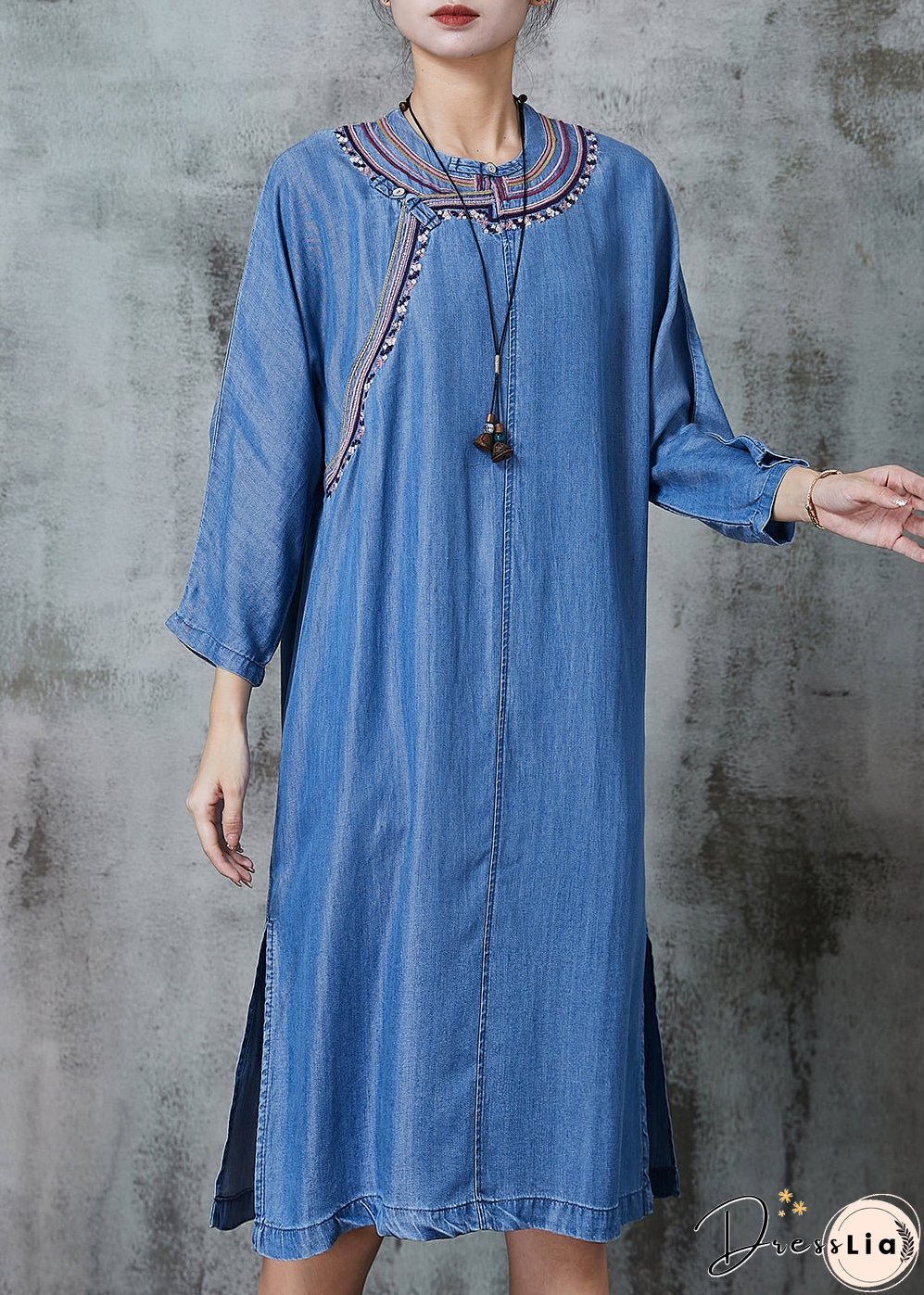 Vintage Denim Blue Embroidered Side Open Dresses Summer