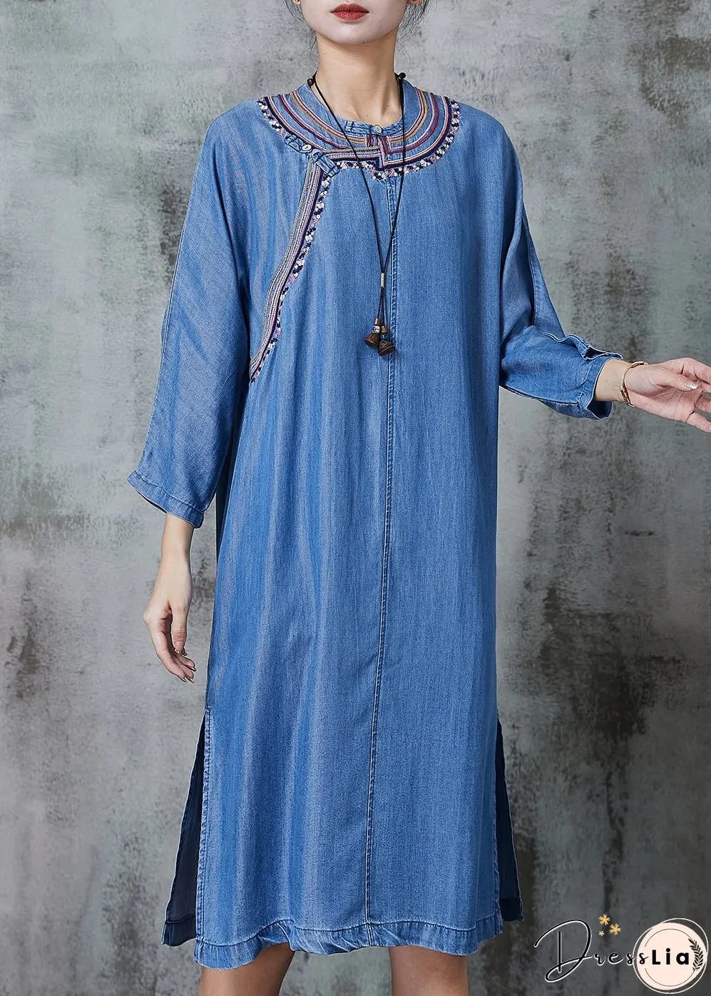 Vintage Denim Blue Embroidered Side Open Dresses Summer
