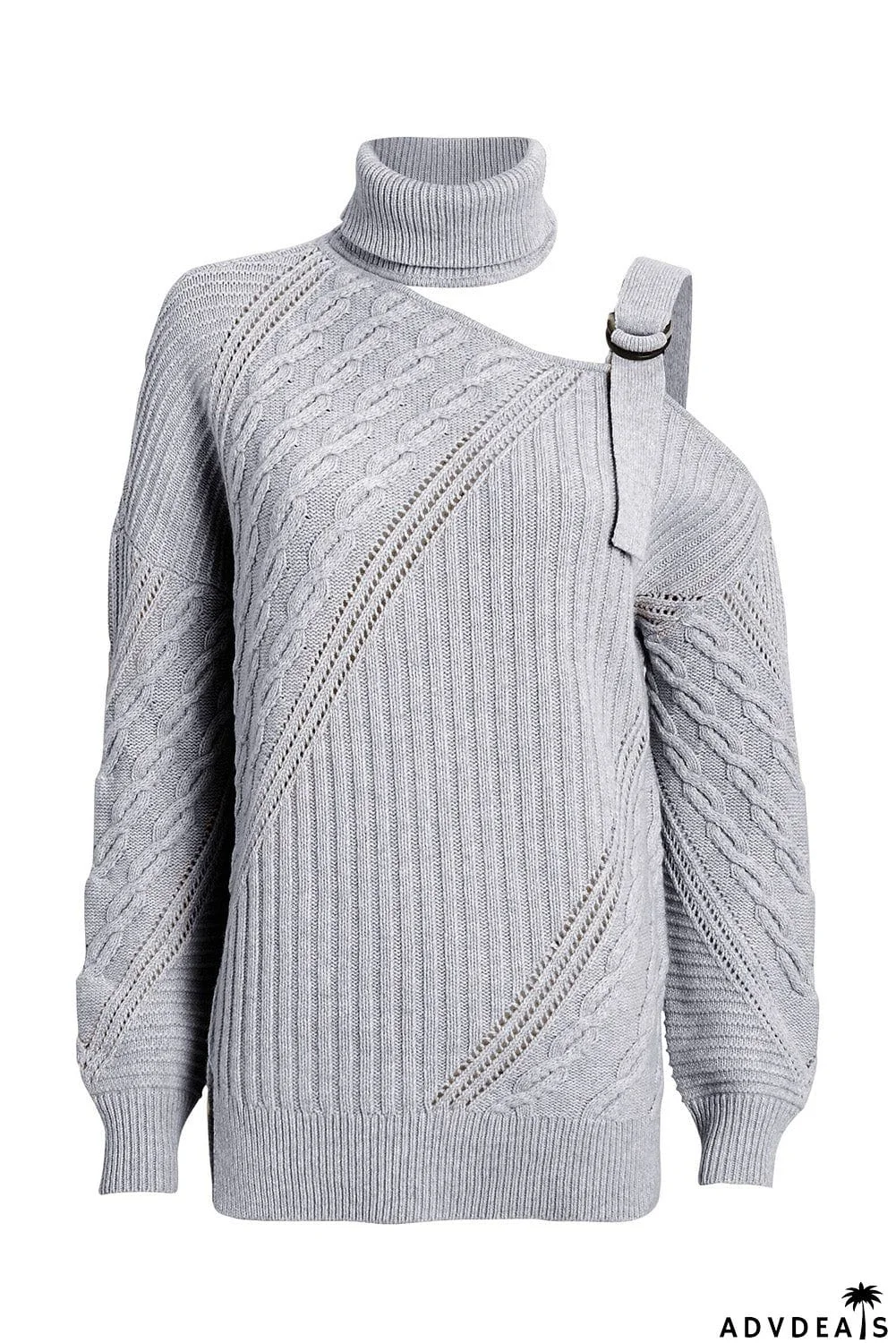 Strapped Cut out Shoulder Turtleneck Sweater