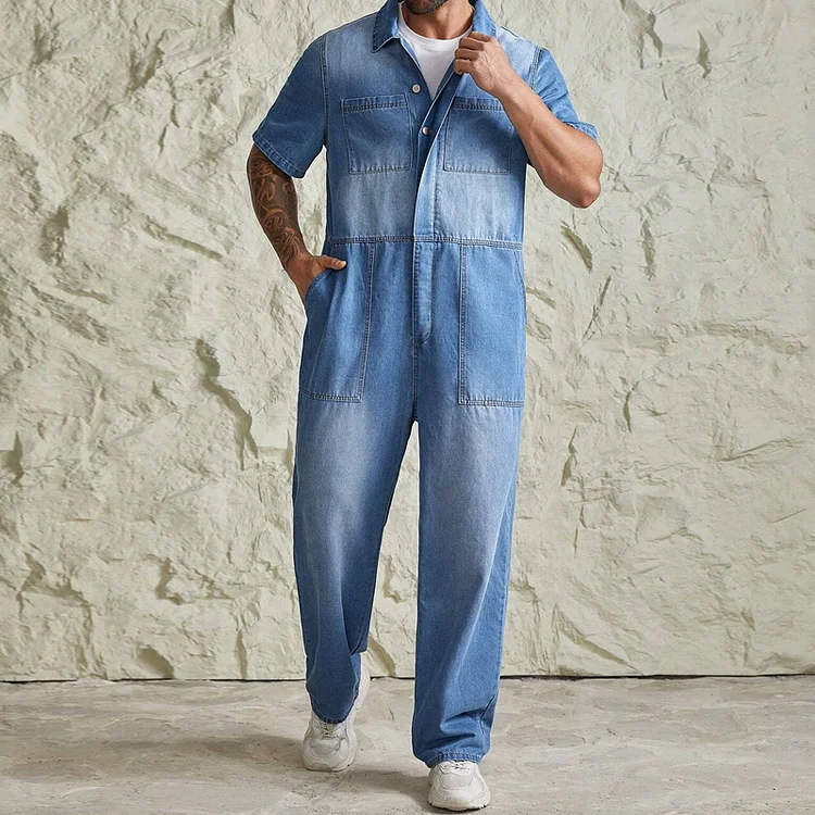 Casual Fashion Washed Denim Short-Sleeved Shirt Jumpsuit