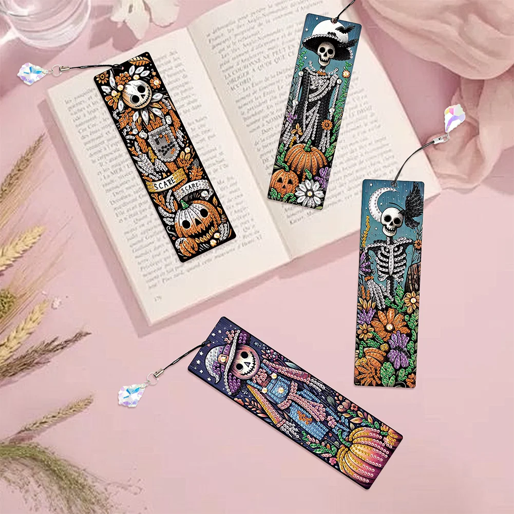 4Pcs Halloween Pumpkin Skull Themed DIY Diamond Painting Bookmark for Book Lover