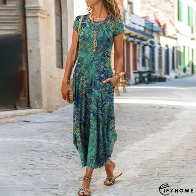 Short Sleeve A-Line Hobo Vintage Beach Knitting Dress | IFYHOME