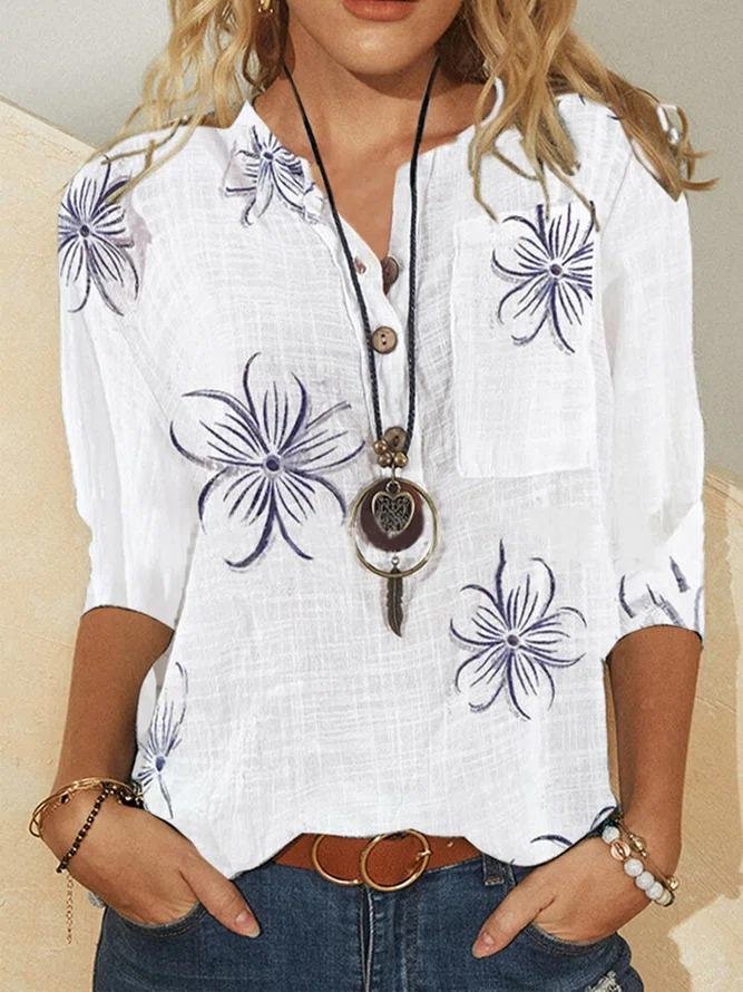 Floral Print Buttoned Mid-Sleeves Loose Blouses