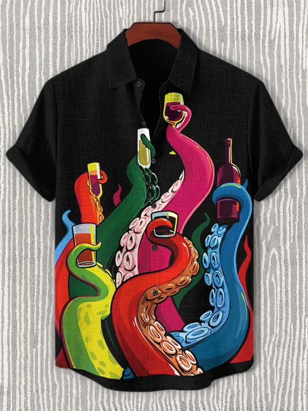Men's Octopus Drinking Art Print Casual Short Sleeve Shirt