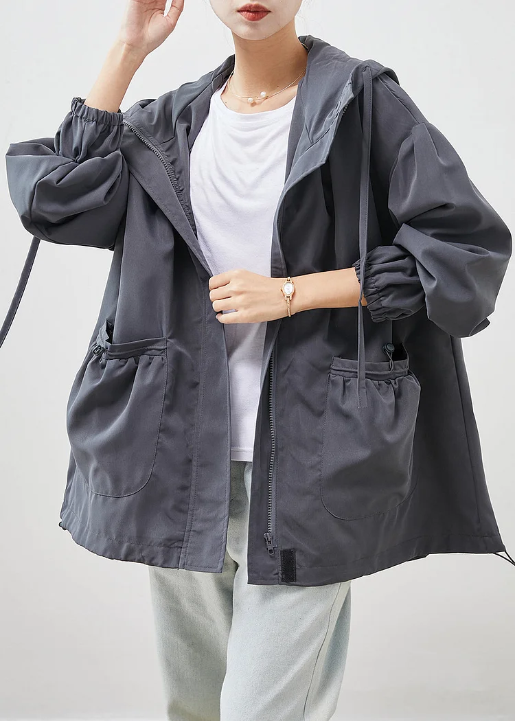 Casual Grey Hooded Pockets Cotton Jackets Spring