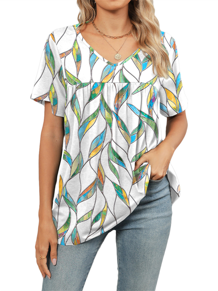 Women's Summer New V-neck Printed Short-sleeved T-shirt Pleated Tops