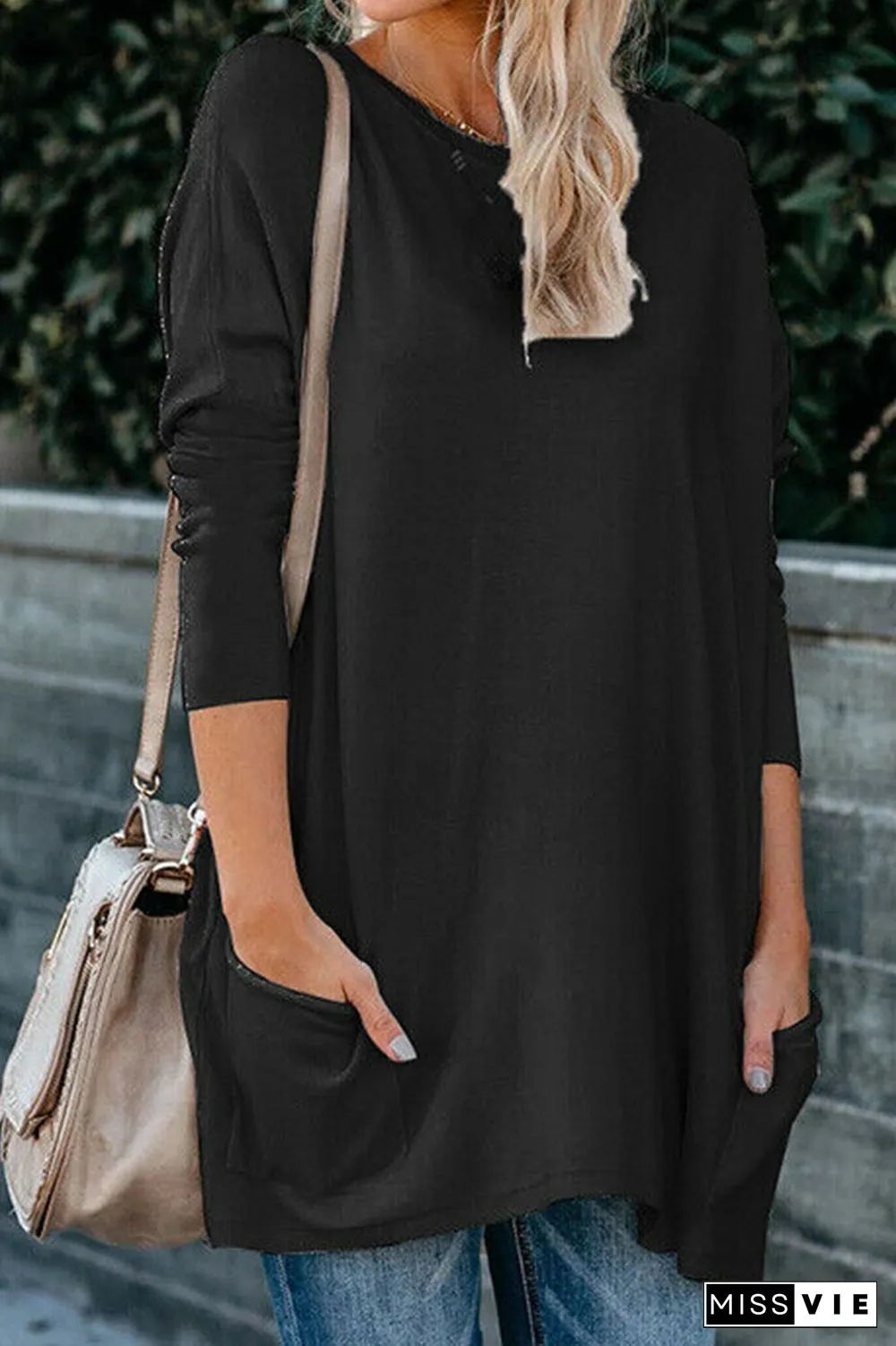 Casual Solid Split Joint Pocket O Neck Tops（13 colors）