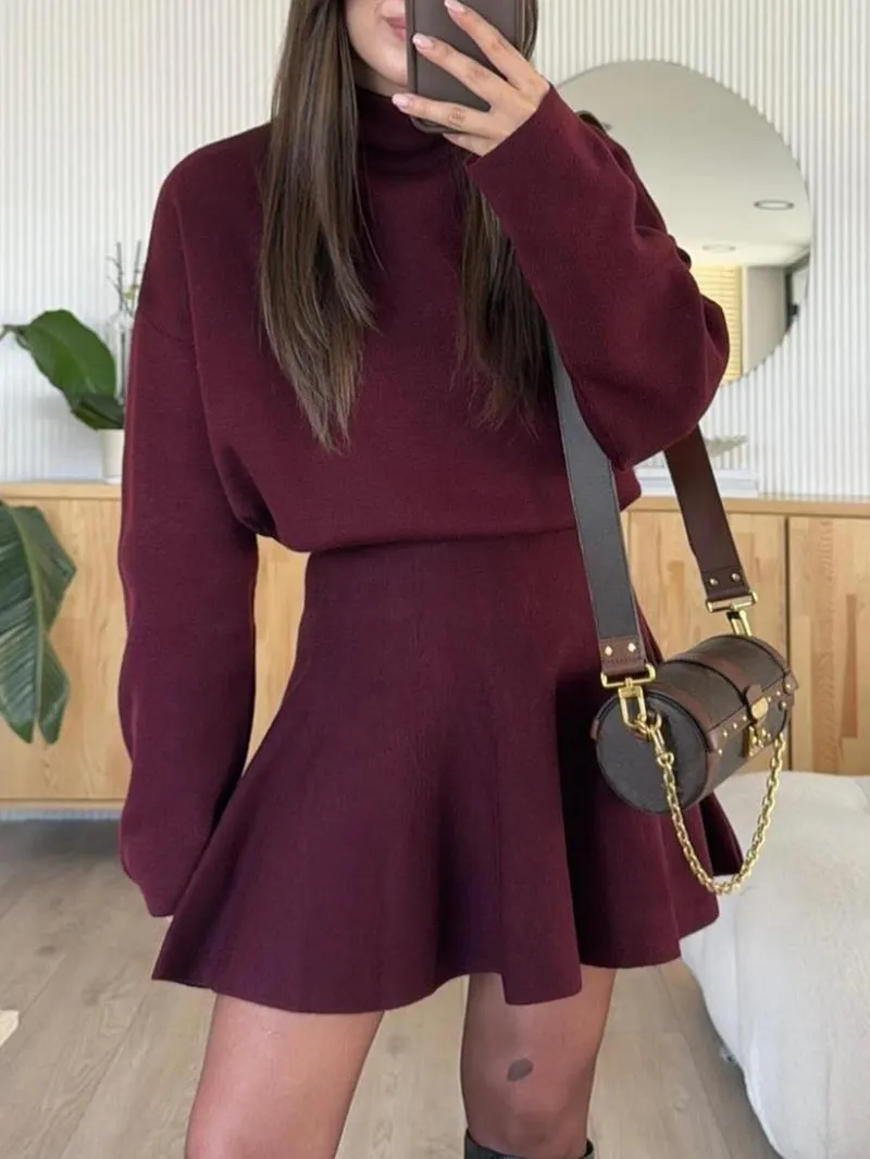 Women's Casual Half-High Neck Long Sleeve Knit Dress, Plain Color Loose-Fitting Sweater Dress, Fall & Winter Fashion
