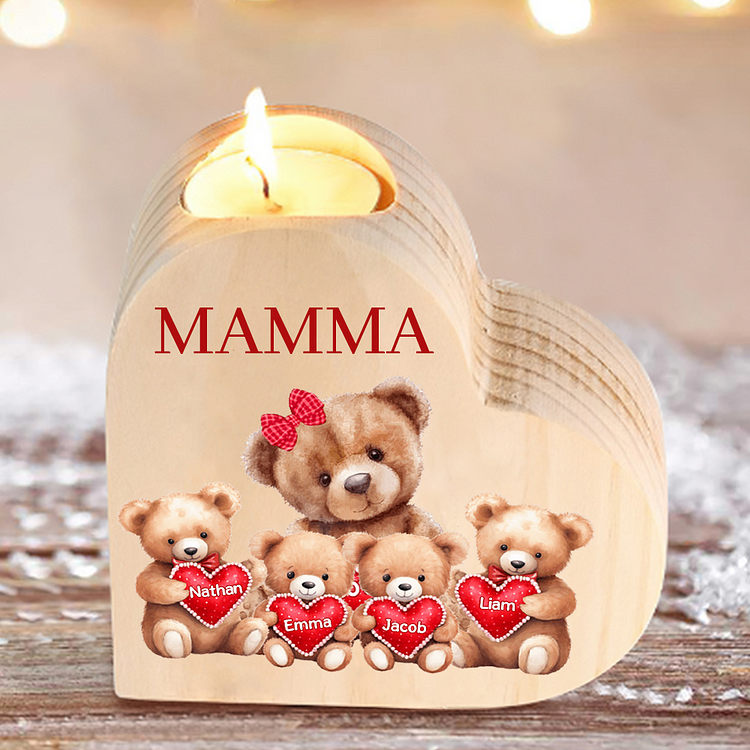 Candeliere a forma di cuore orsacchiotto 4 nomi e 1 testo personalizzati per mamma/nonna