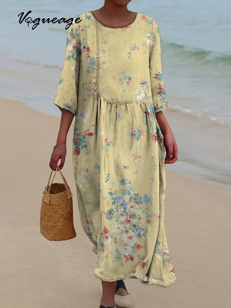 Elegant And Gentle Flowers Printed Women's Casual Cotton And Linen Dress