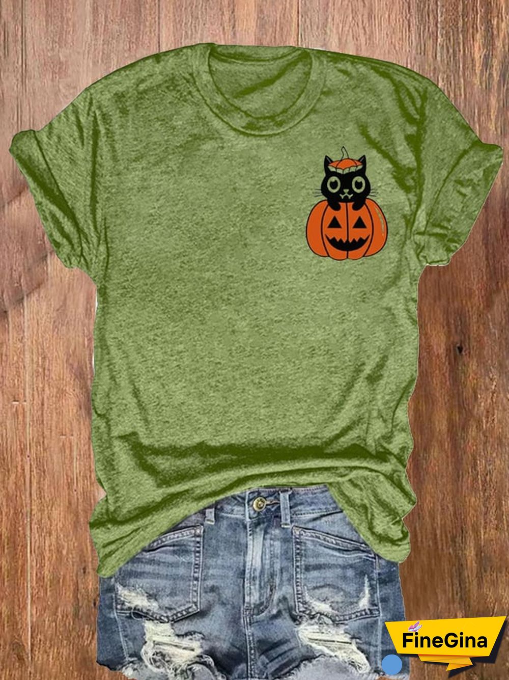 Women's Pumpkin Cat Halloween Printed Short Sleeve T-Shirt