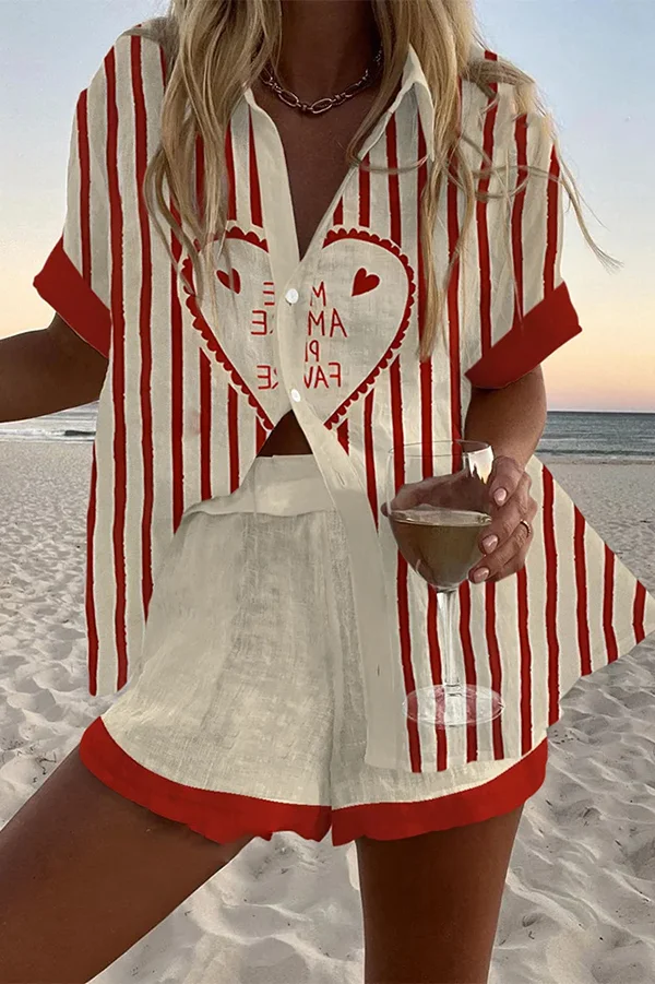 Striped Heart Print Loose Button Elastic Waist Shorts Set