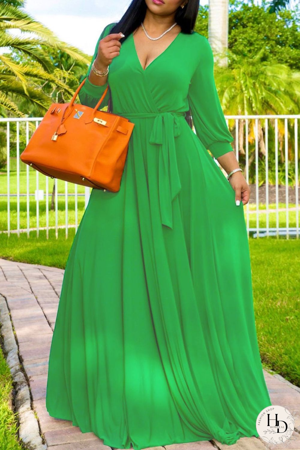 Rose Red Fashion Casual Solid Bandage V Neck Long Sleeve Dresses