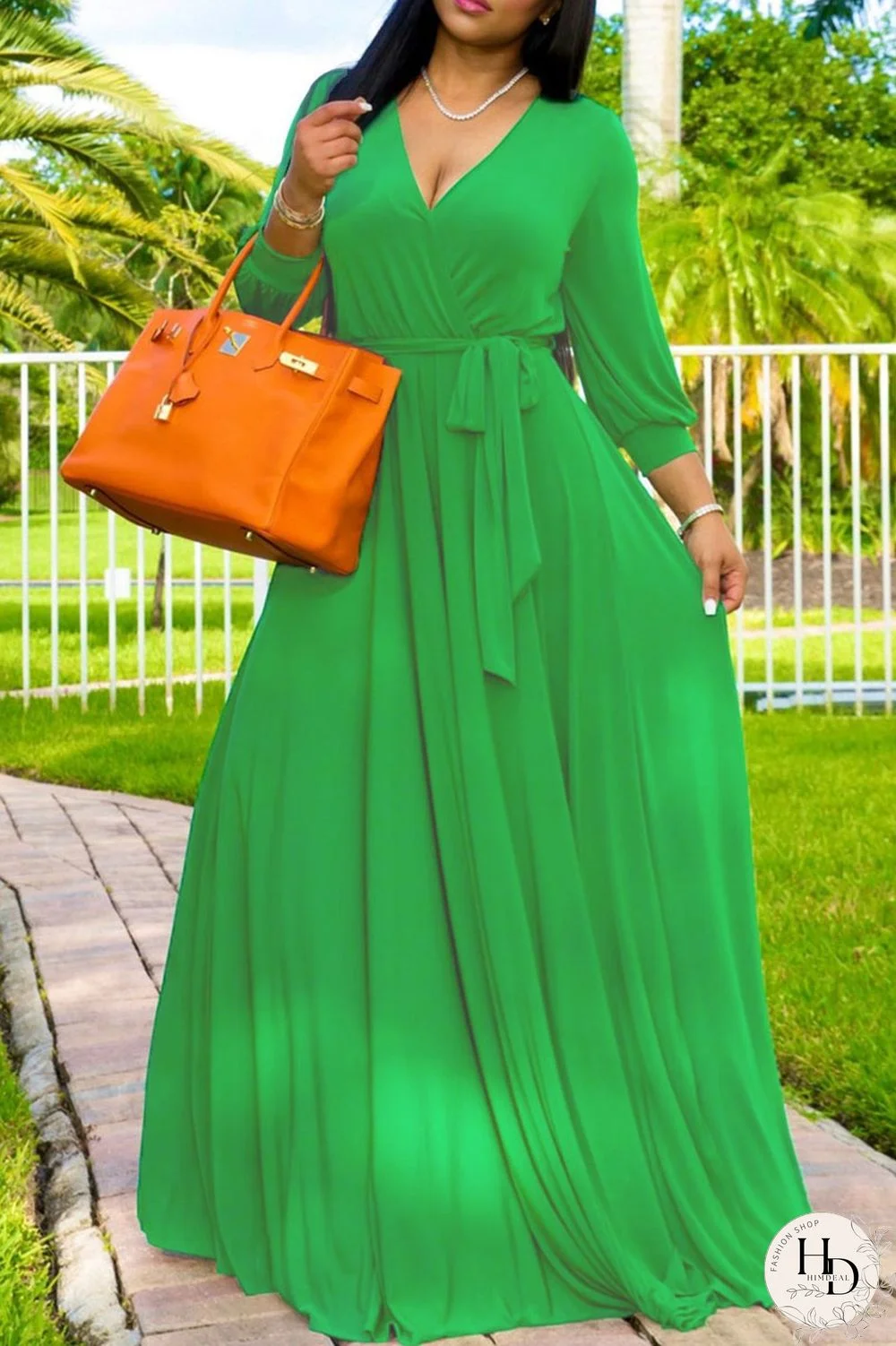 Rose Red Fashion Casual Solid Bandage V Neck Long Sleeve Dresses