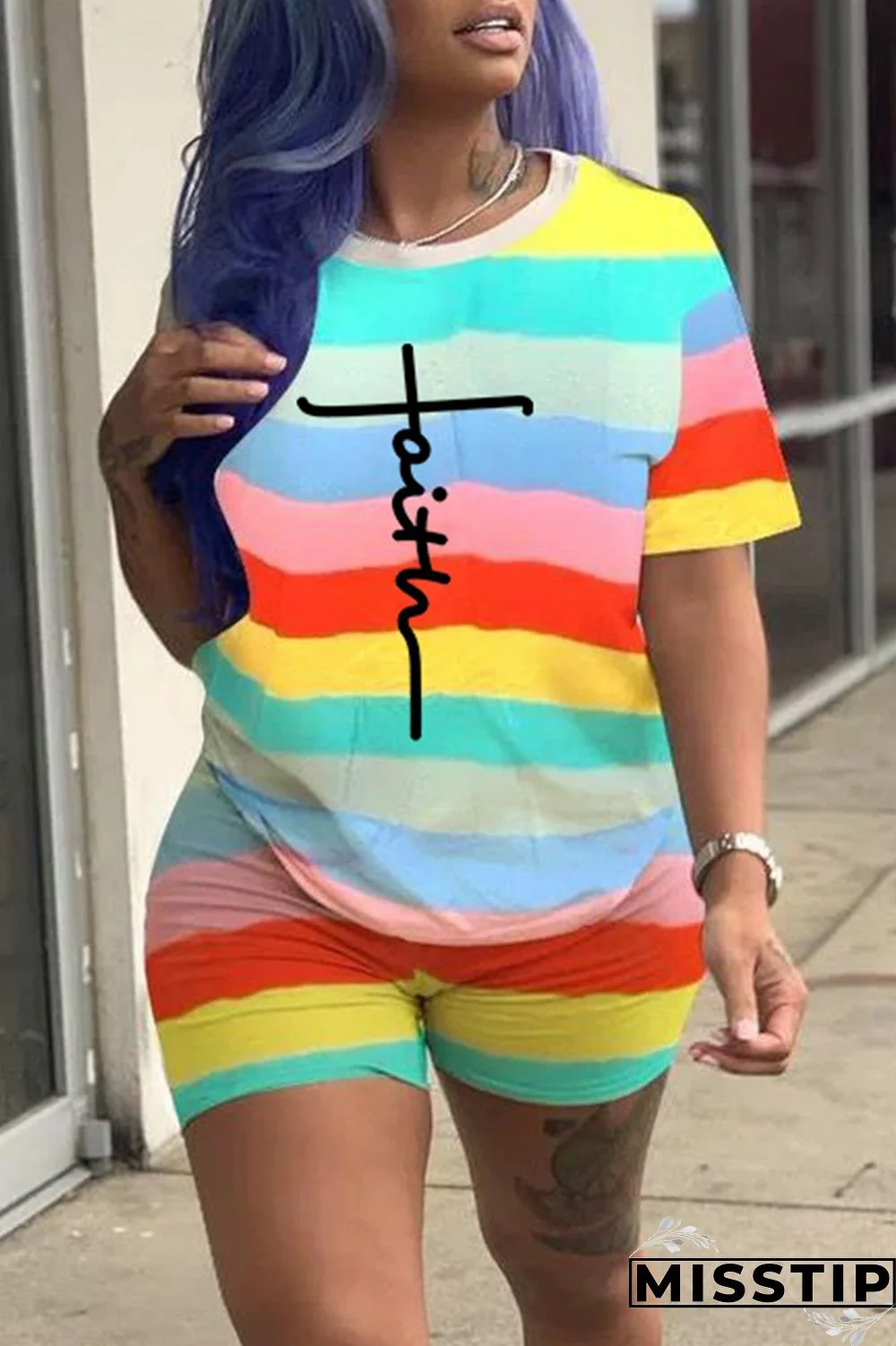 Colour Fashion Casual Striped Print Basic O Neck Short Sleeve Two Pieces
