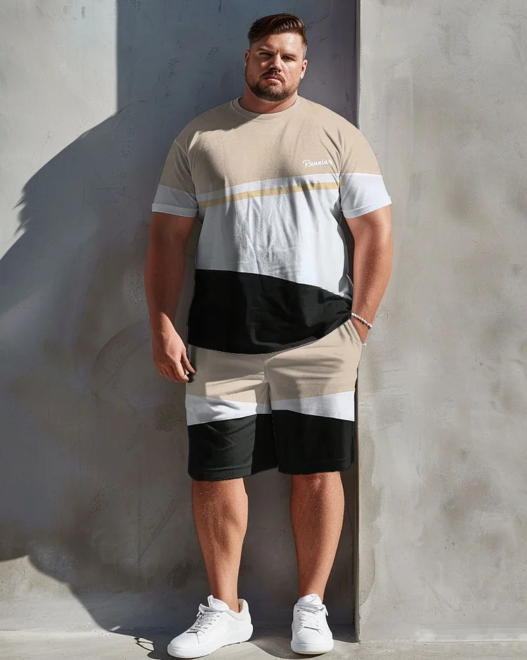 Men's Plus Size Casual Simple Khaki Colorblock Print T-Shirt Shorts Suit