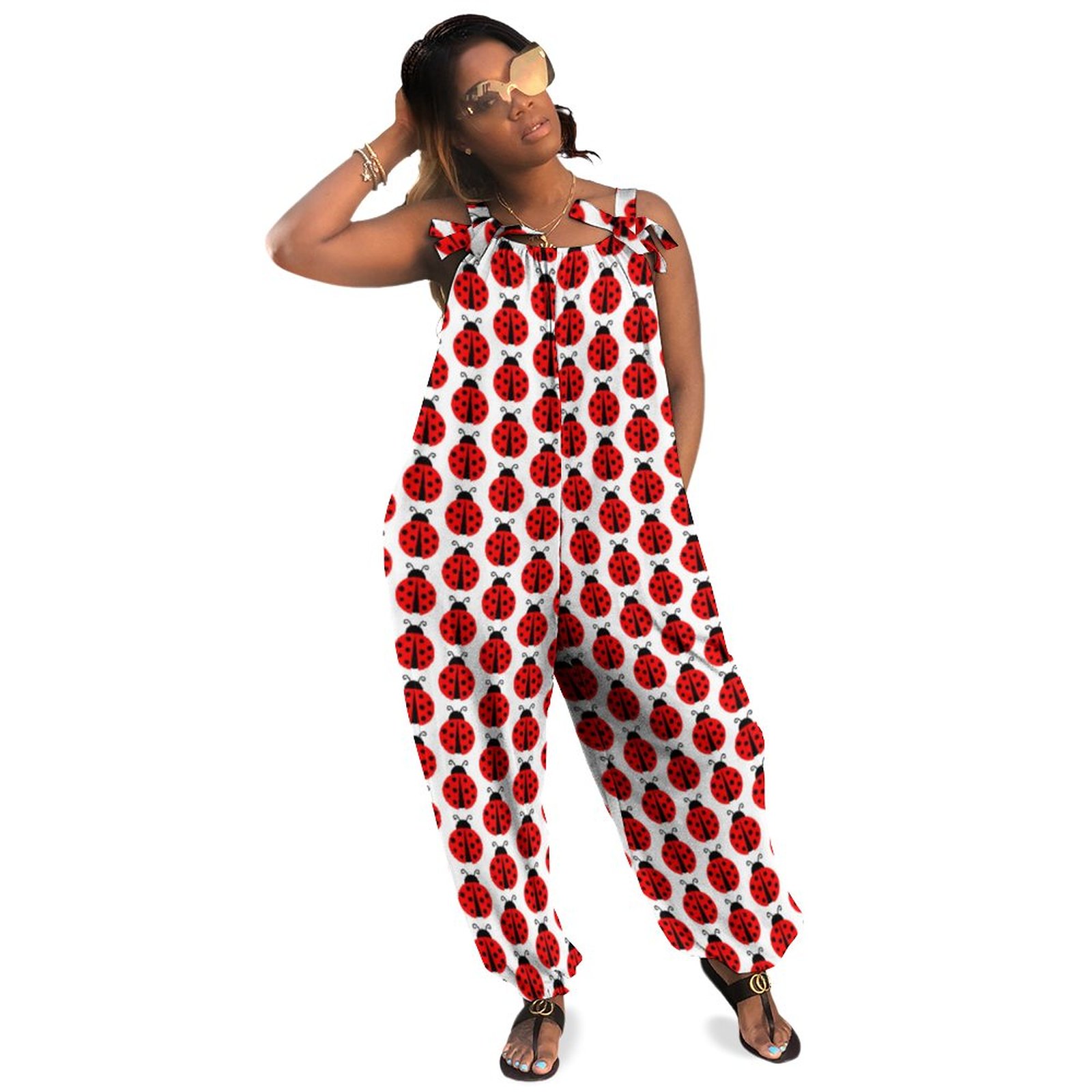 Cute Ladybug Wild Animal Pattern Print Women Plus Size Jumpsuit Summer Loose Harem Pants Casual Loose Jumpsuit With Pockets Summer Playsuit Polyester Spandex