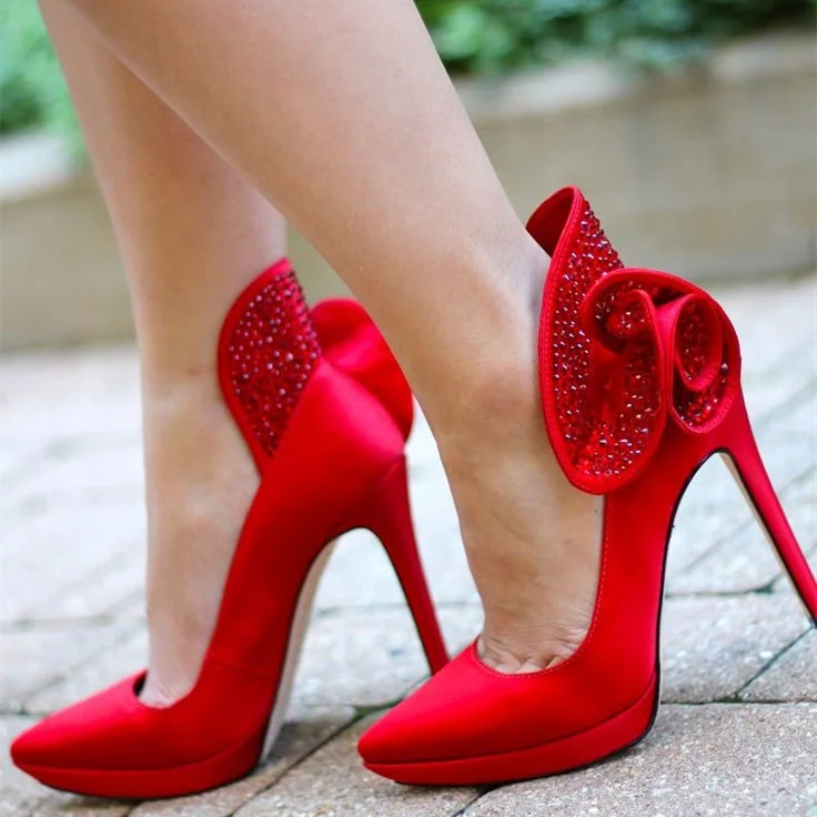 Red Rhinestone Bridal Stiletto Heels   - Pointy Toe Pumps Vdcoo