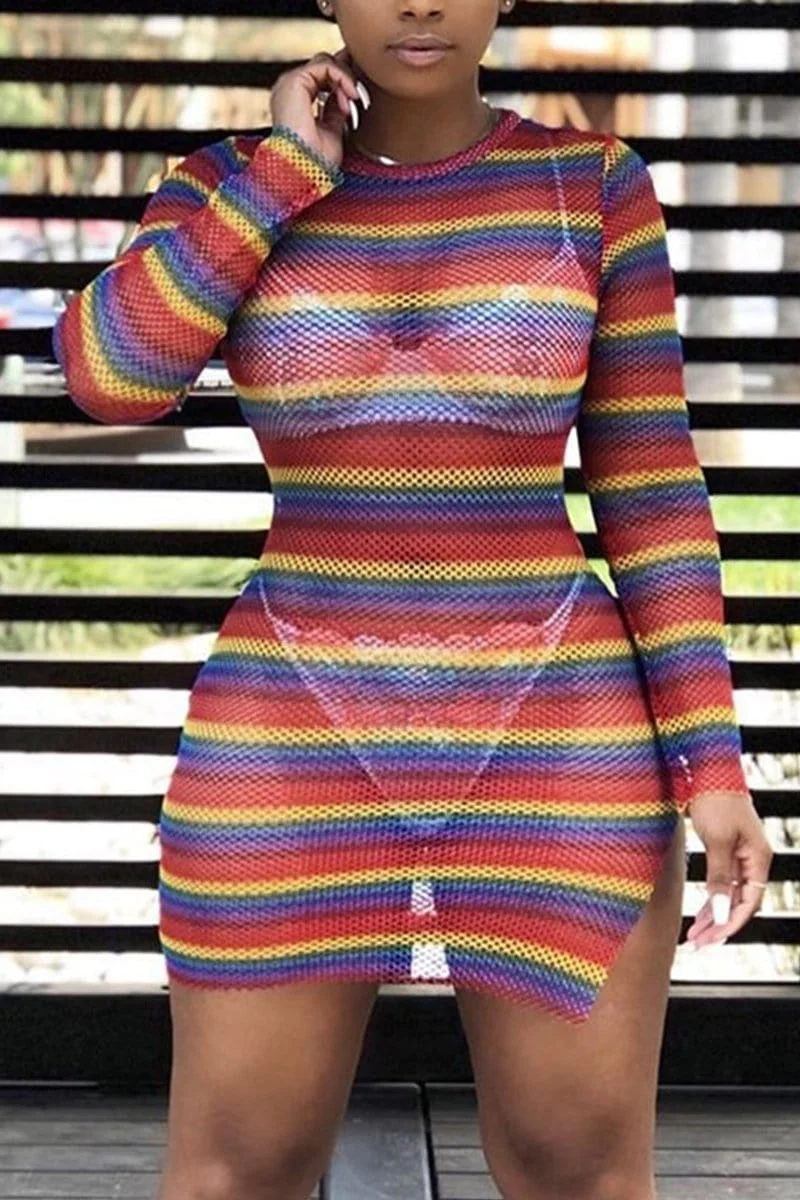 Sexy Colorful Stripe Mesh Hem-Split  Dress