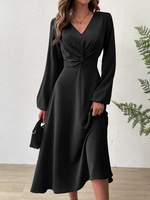 Image of Solid Color Pleated Knot Elasticity Puff Sleeves Loose V-Neck Midi Dresses