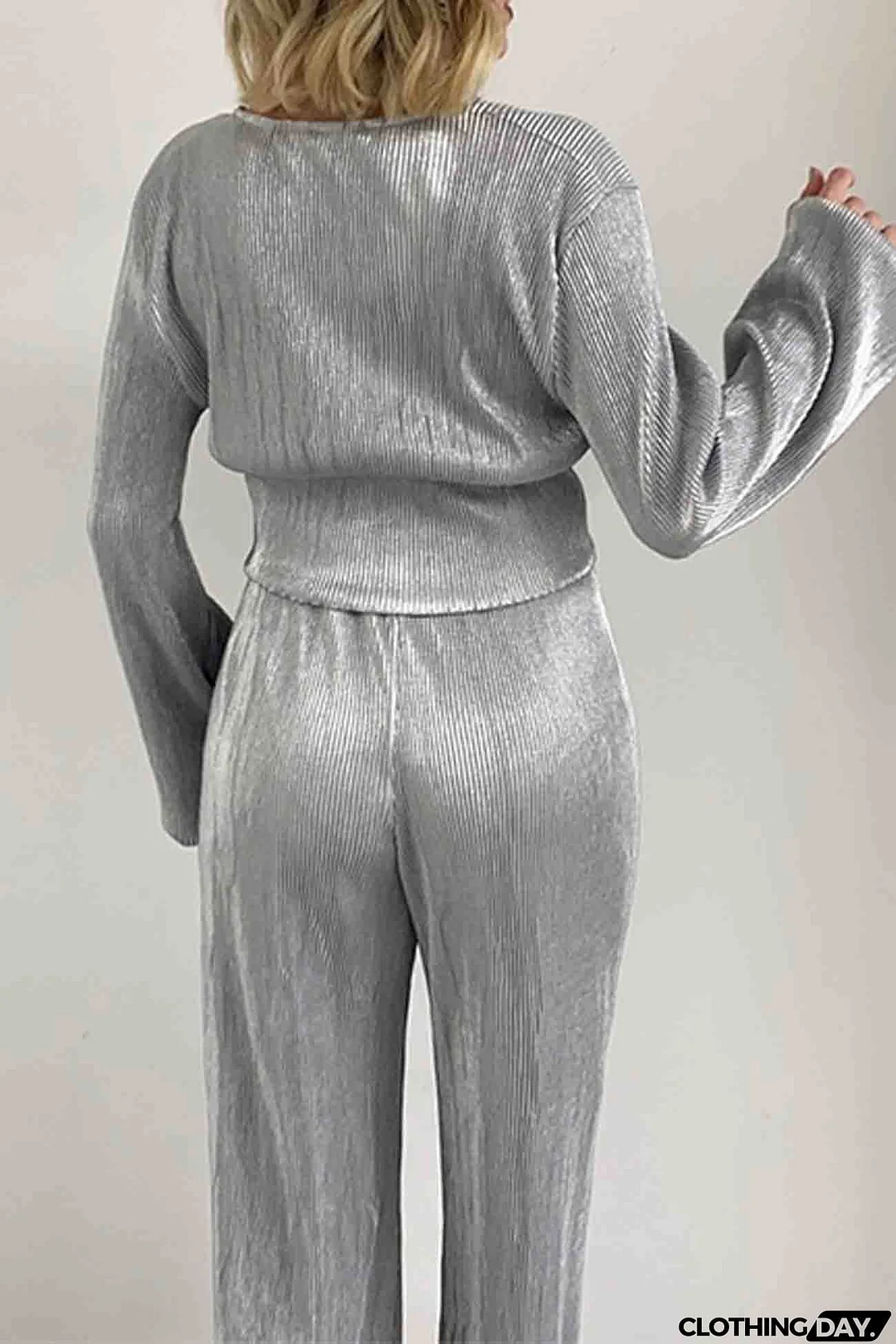 V Neck Shirring Puff Sleeve Wide Leg Pants Set