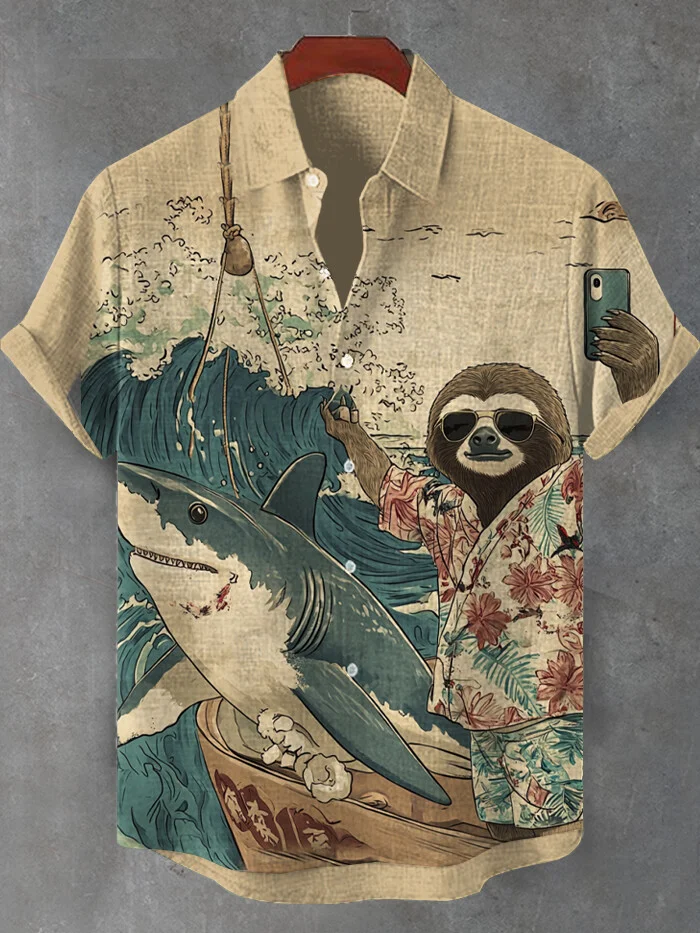 Men's Sloth And Shark Vacation Art Print Short Sleeve Shirt