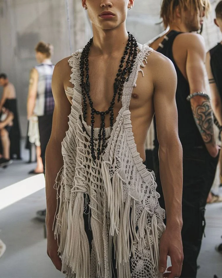 Men’s Bohemian Vintage Crochet Fringe Vest Top