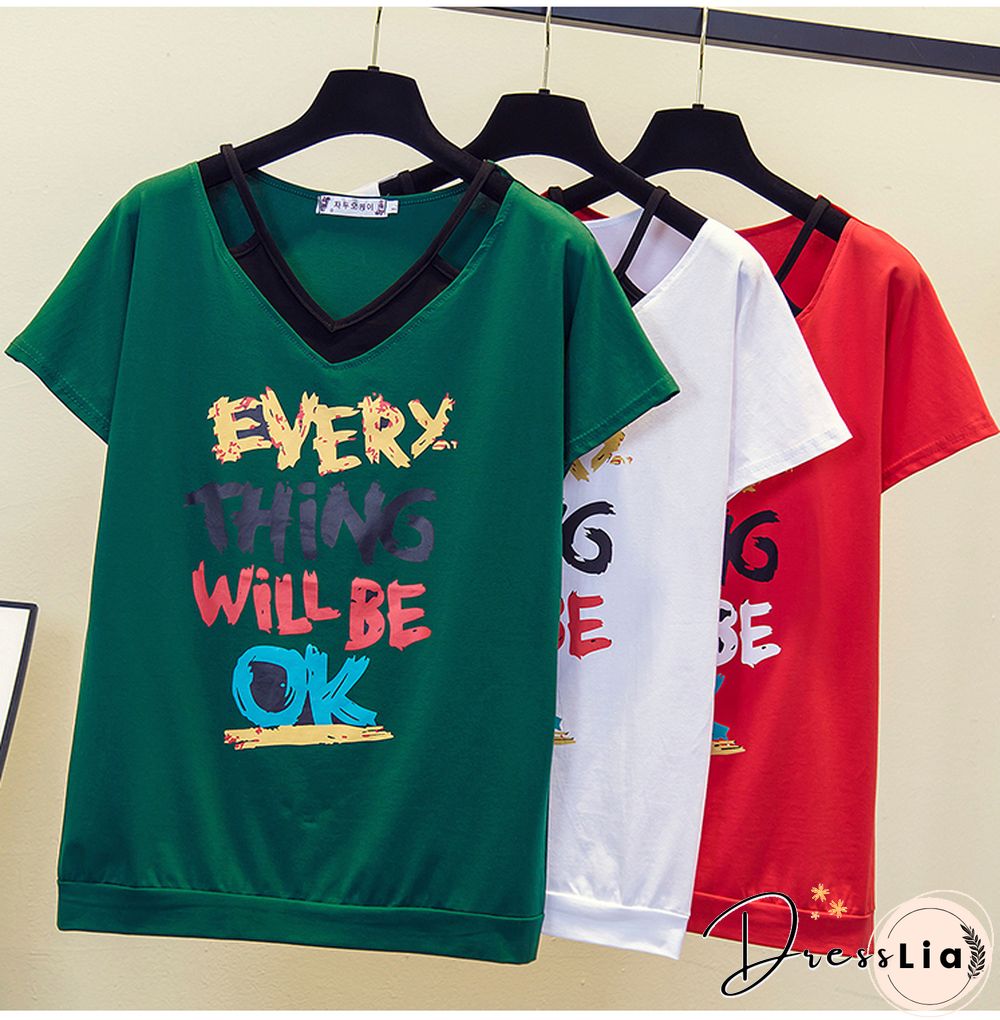 Print V- Neck T Shirt Women T-Shirt Cotton Summer Short Sleeve Woman Clothes Womens Tops Korean Style Tee Shirt Femme