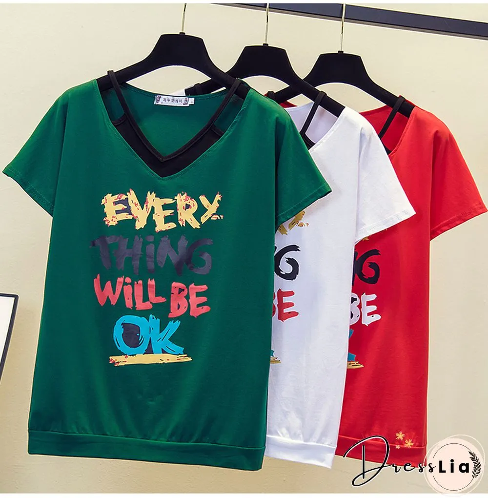 Print V- Neck T Shirt Women T-Shirt Cotton Summer Short Sleeve Woman Clothes Womens Tops Korean Style Tee Shirt Femme