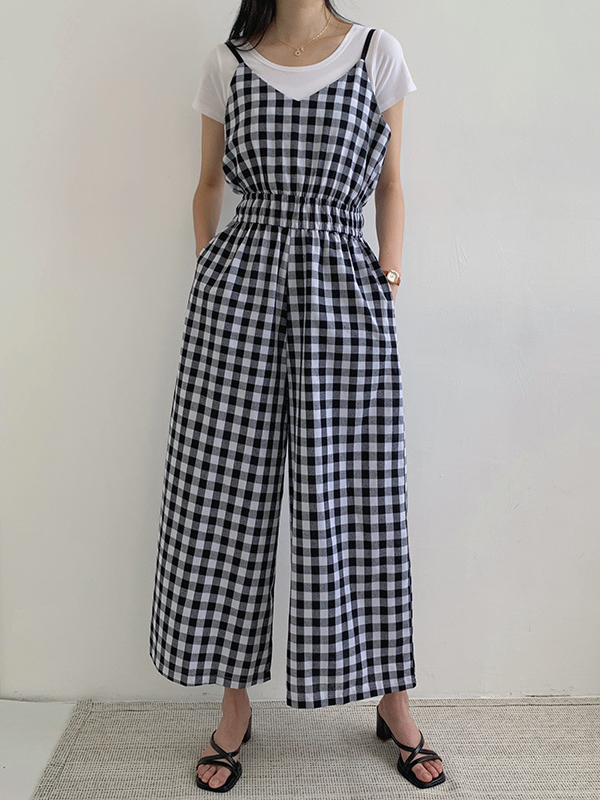 Strap V Neck Plaided Pattern Casual Jumpsuit